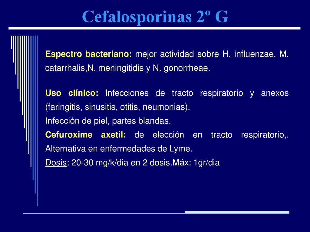 Cefalosporinas 2º G Espectro bacteriano: mejor actividad sobre H. influenzae, M. catarrhalis,N. meningitidis y N. gonorrheae.
