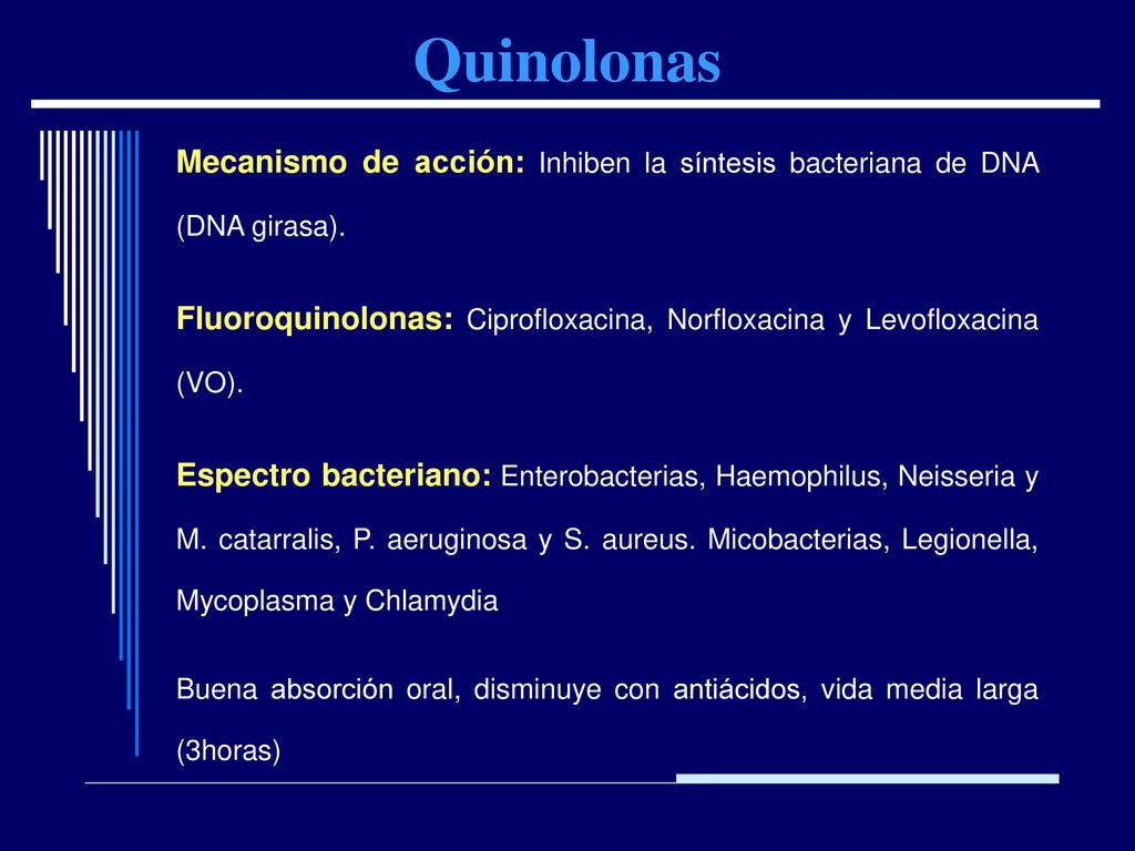 Quinolonas Mecanismo de acción: Inhiben la síntesis bacteriana de DNA (DNA girasa).
