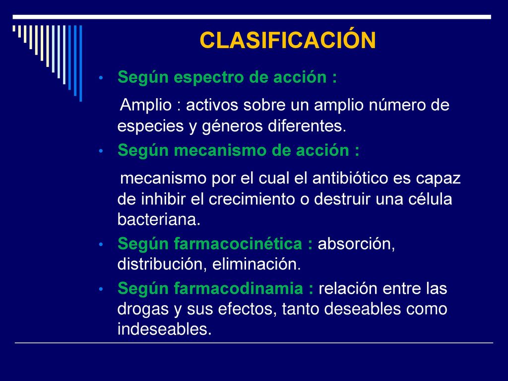 CLASIFICACIÓN Según espectro de acción : Amplio : activos sobre un amplio número de especies y géneros diferentes.