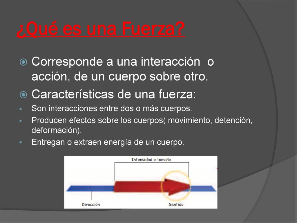 ¿Qué es una Fuerza Corresponde a una interacción o acción, de un cuerpo sobre otro. Características de una fuerza: