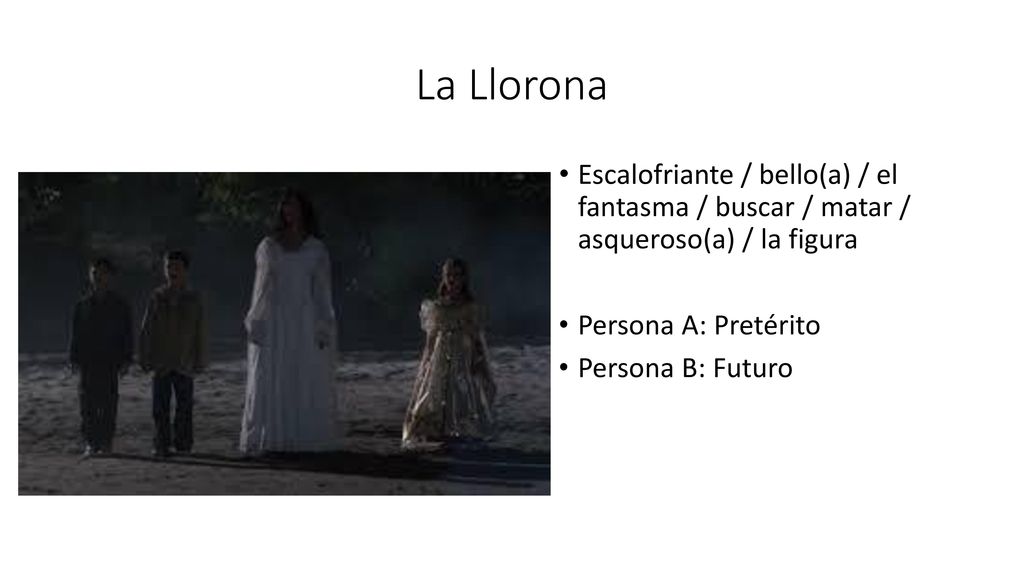 La Llorona Escalofriante / bello(a) / el fantasma / buscar / matar / asqueroso(a) / la figura. Persona A: Pretérito.
