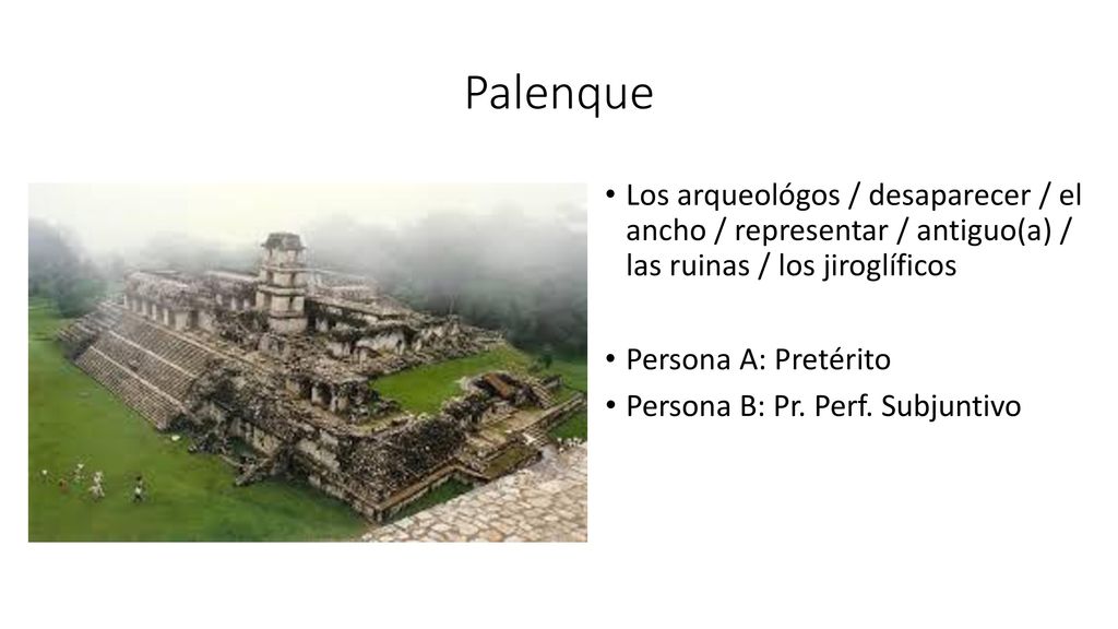 Palenque Los arqueológos / desaparecer / el ancho / representar / antiguo(a) / las ruinas / los jiroglíficos.