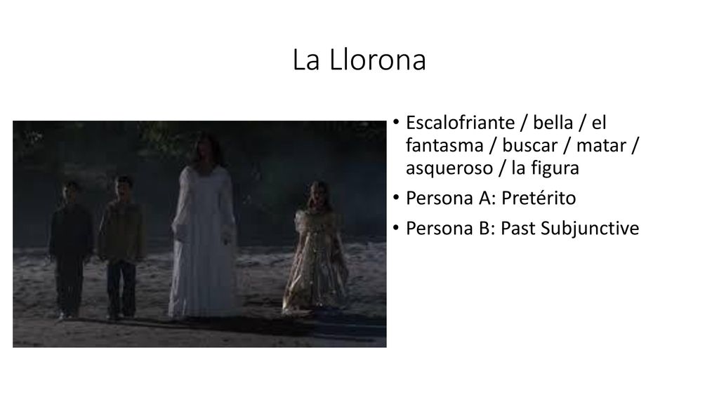 La Llorona Escalofriante / bella / el fantasma / buscar / matar / asqueroso / la figura. Persona A: Pretérito.