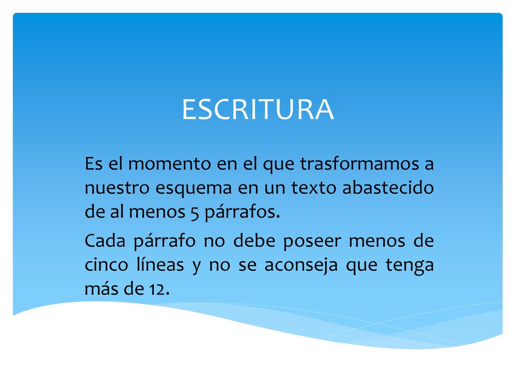 ESCRITURA Es el momento en el que trasformamos a nuestro esquema en un texto abastecido de al menos 5 párrafos.