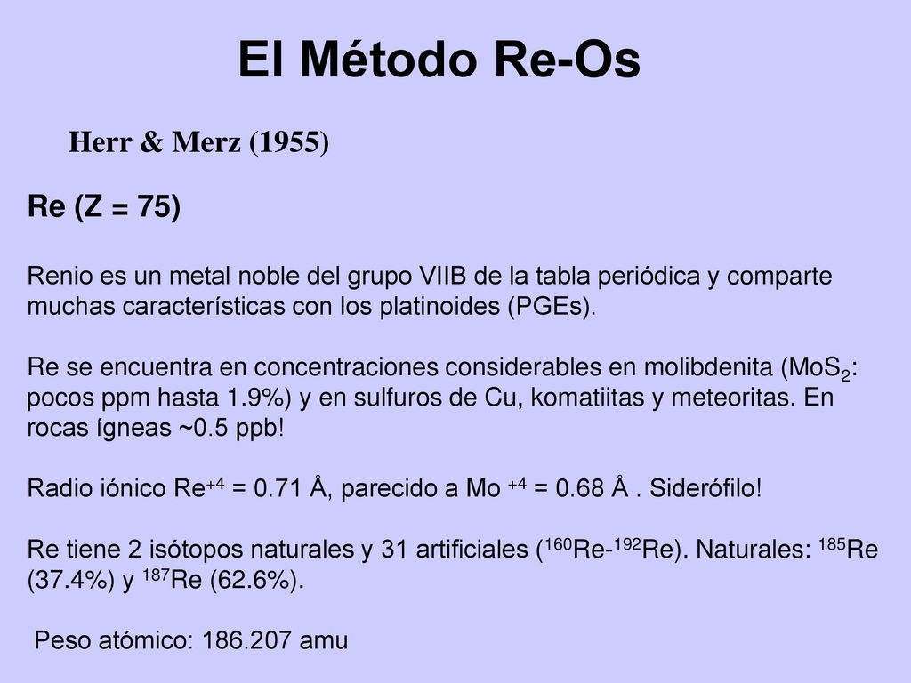 El Método Re-Os Herr & Merz (1955) Re (Z = 75)