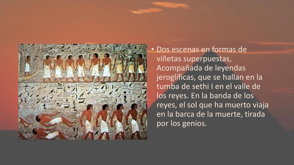 Dos escenas en formas de viñetas superpuestas, Acompañada de leyendas jeroglíficas, que se hallan en la tumba de sethi I en el valle de los reyes.