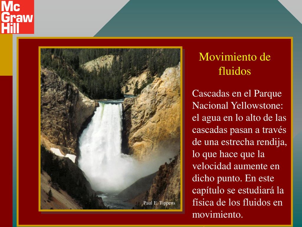 Cascadas en el Parque Nacional Yellowstone: el agua en lo alto de las cascadas pasan a través de una estrecha rendija, lo que hace que la velocidad aumente en dicho punto. En este capítulo se estudiará la física de los fluidos en movimiento.