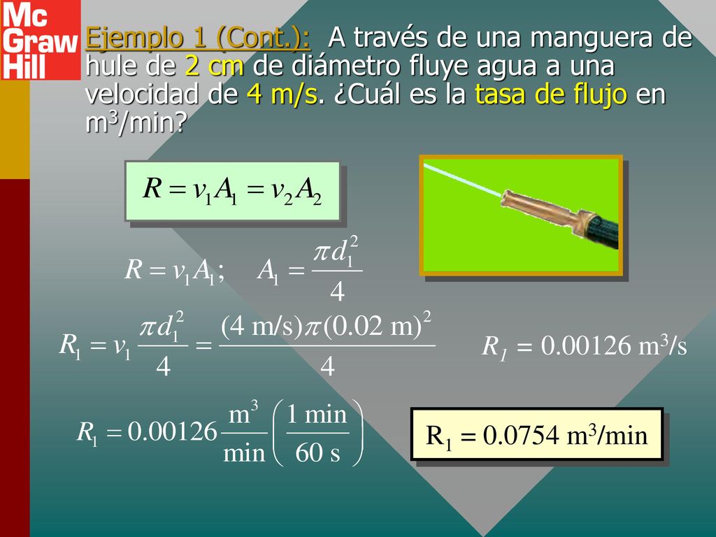 Ejemplo 1 (Cont.): A través de una manguera de hule de 2 cm de diámetro fluye agua a una velocidad de 4 m/s. ¿Cuál es la tasa de flujo en m3/min
