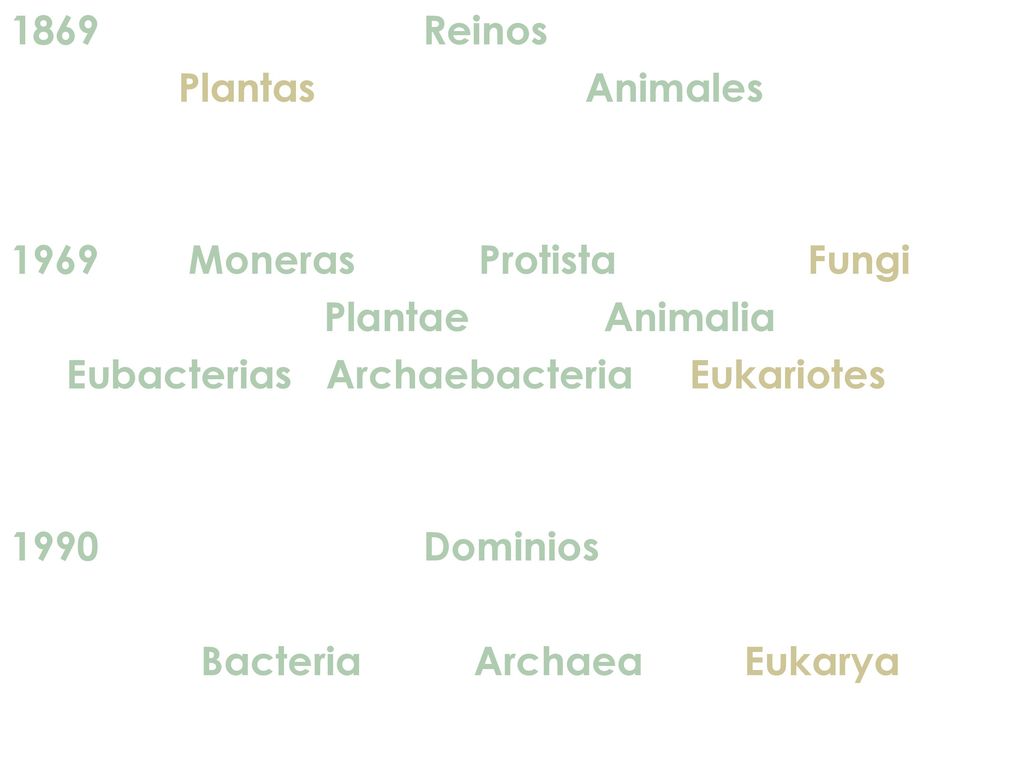 1869 Reinos Plantas Animales 1969 Moneras Protista Fungi Plantae Animalia Eubacterias Archaebacteria Eukariotes 1990 Dominios Bacteria Archaea Eukarya