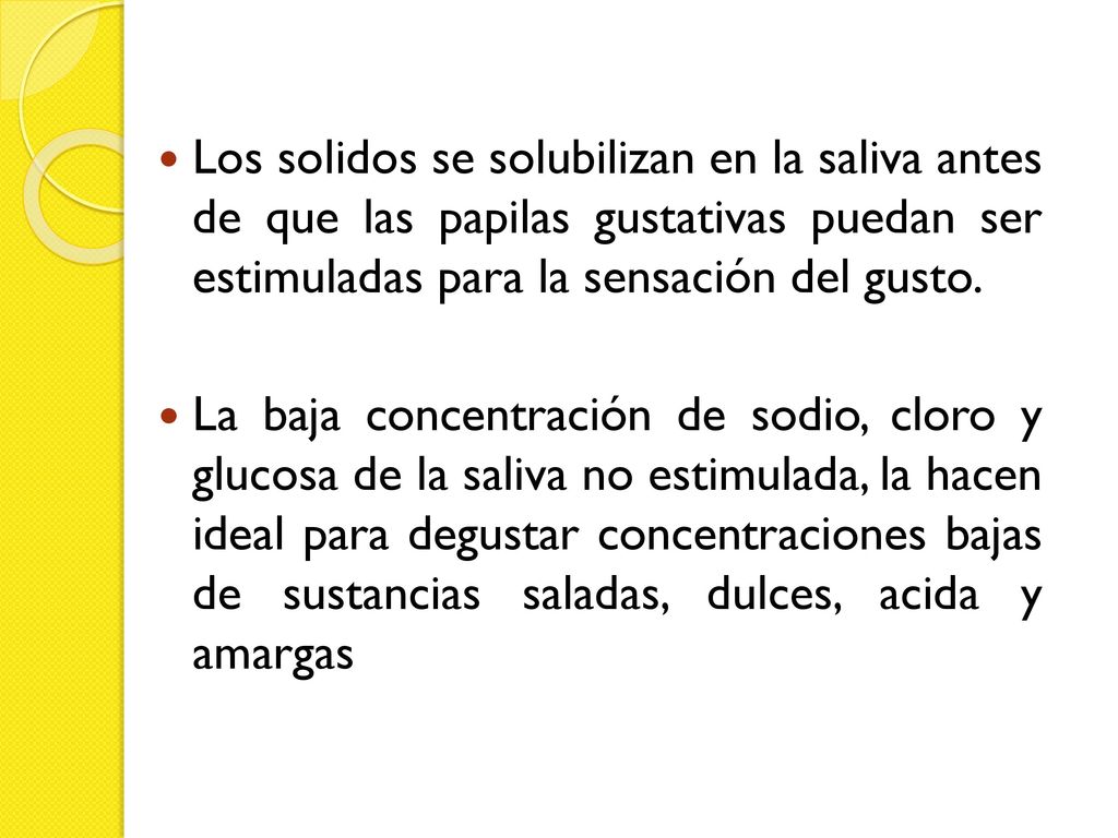 Los solidos se solubilizan en la saliva antes de que las papilas gustativas puedan ser estimuladas para la sensación del gusto.