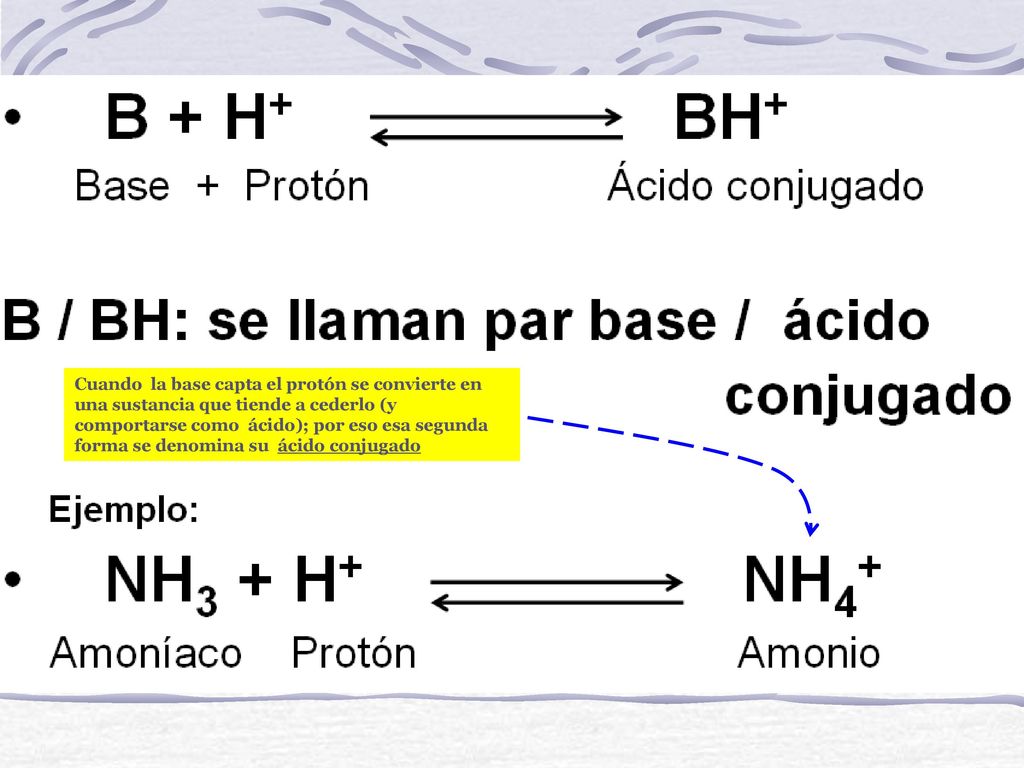 Cuando la base capta el protón se convierte en una sustancia que tiende a cederlo (y comportarse como ácido); por eso esa segunda forma se denomina su ácido conjugado
