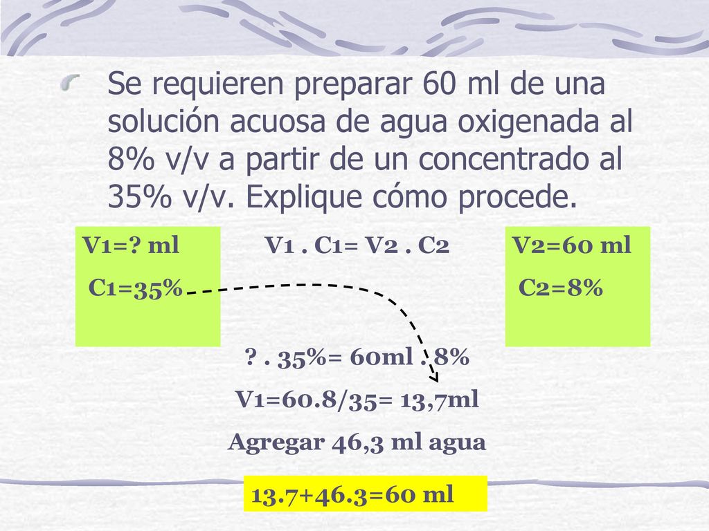Se requieren preparar 60 ml de una solución acuosa de agua oxigenada al 8% v/v a partir de un concentrado al 35% v/v. Explique cómo procede.