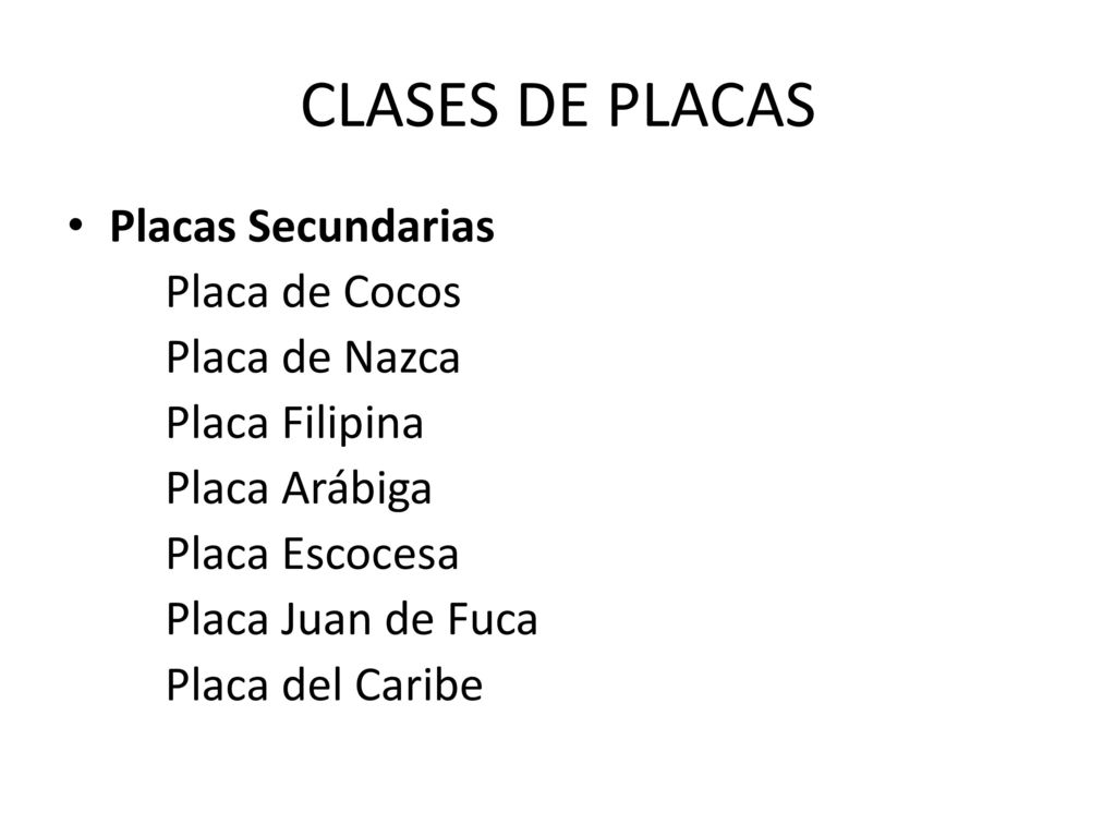 CLASES DE PLACAS Placas Secundarias Placa de Cocos Placa de Nazca