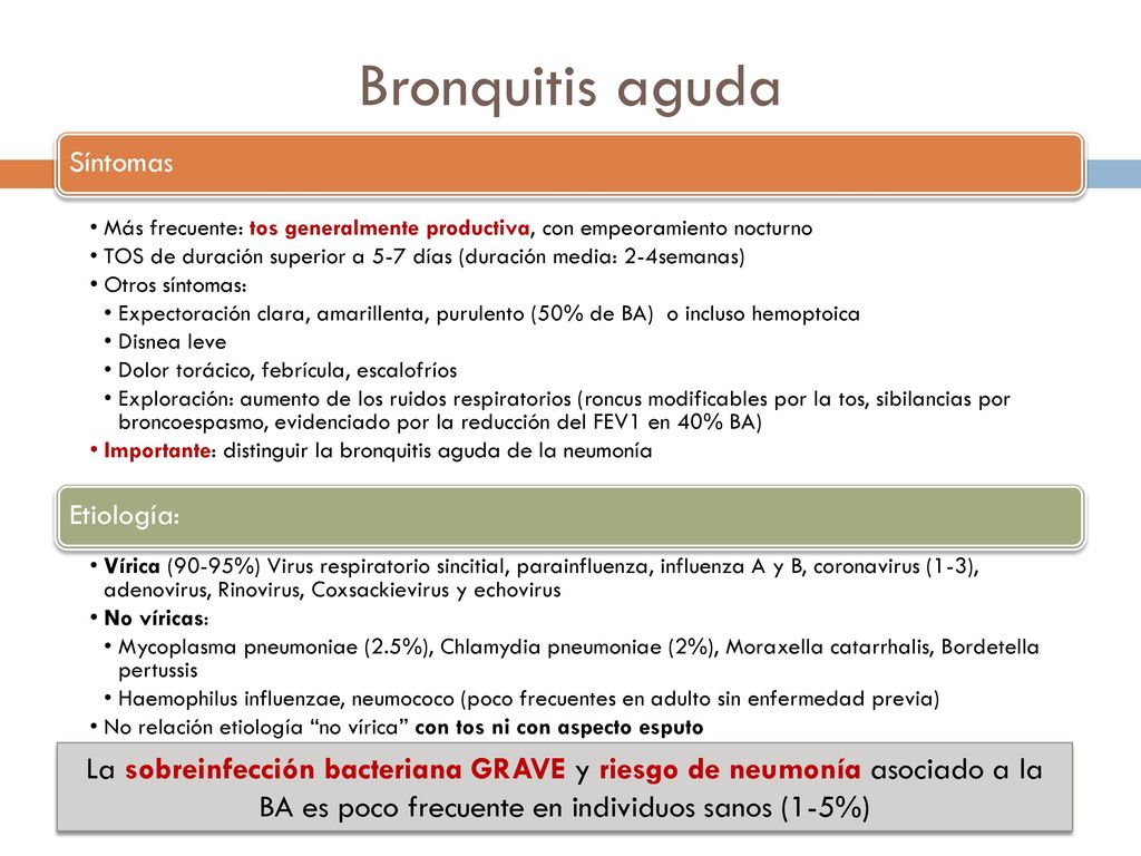 Bronquitis aguda Síntomas. Más frecuente: tos generalmente productiva, con empeoramiento nocturno.