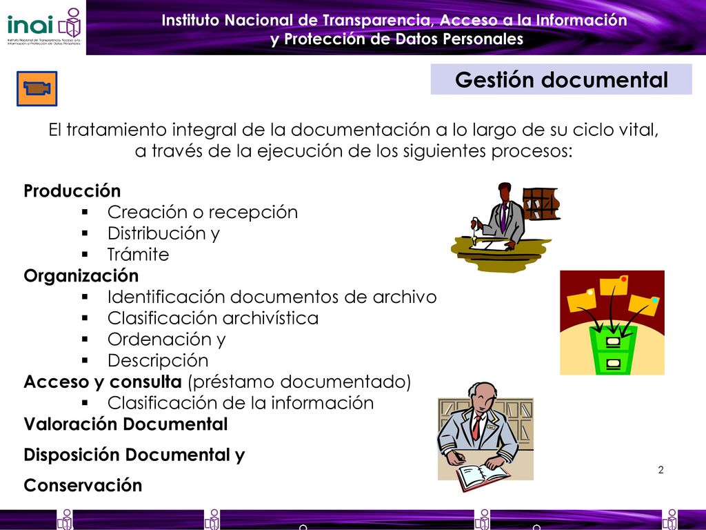 Gestión documental El tratamiento integral de la documentación a lo largo de su ciclo vital, a través de la ejecución de los siguientes procesos: