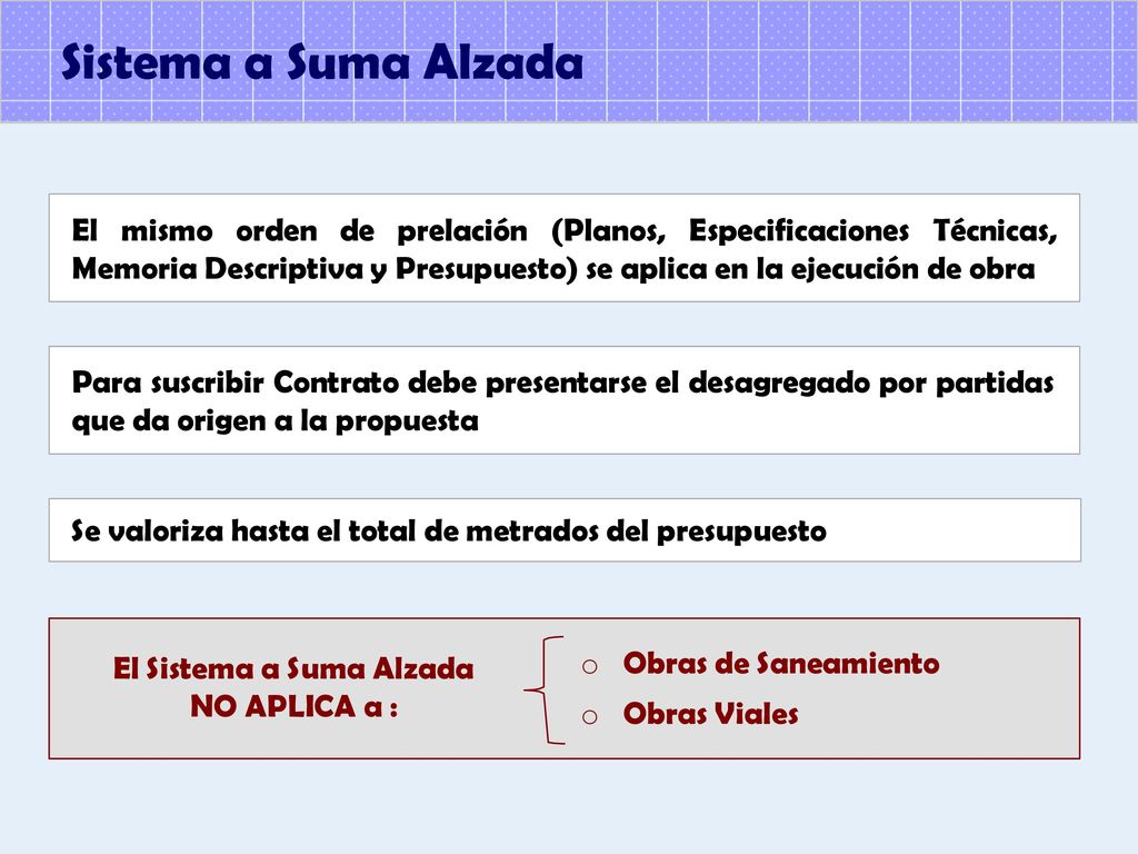Sistema a Suma Alzada El mismo orden de prelación (Planos, Especificaciones Técnicas,