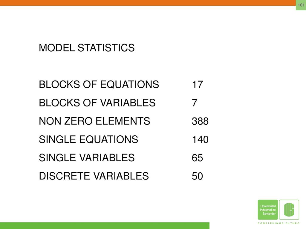 MODEL STATISTICS BLOCKS OF EQUATIONS 17. BLOCKS OF VARIABLES 7. NON ZERO ELEMENTS 388.