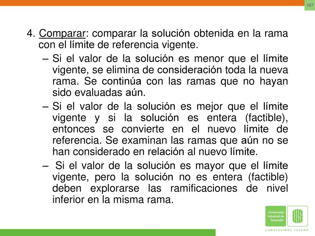 4. Comparar: comparar la solución obtenida en la rama con el límite de referencia vigente.