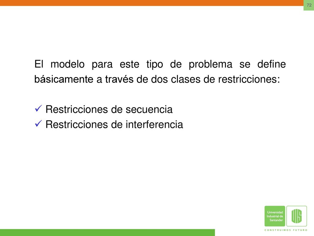 El modelo para este tipo de problema se define básicamente a través de dos clases de restricciones: