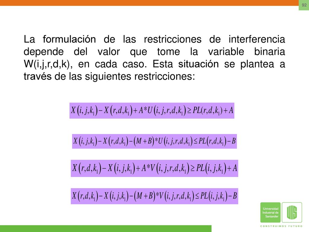 La formulación de las restricciones de interferencia depende del valor que tome la variable binaria W(i,j,r,d,k), en cada caso. Esta situación se plantea a través de las siguientes restricciones: