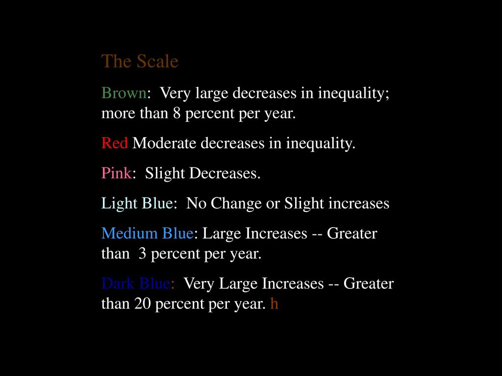 The Scale Brown: Very large decreases in inequality; more than 8 percent per year. Red Moderate decreases in inequality.