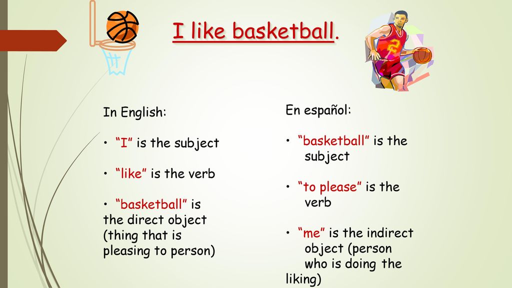 I like basketball. En español: In English: basketball is the subject