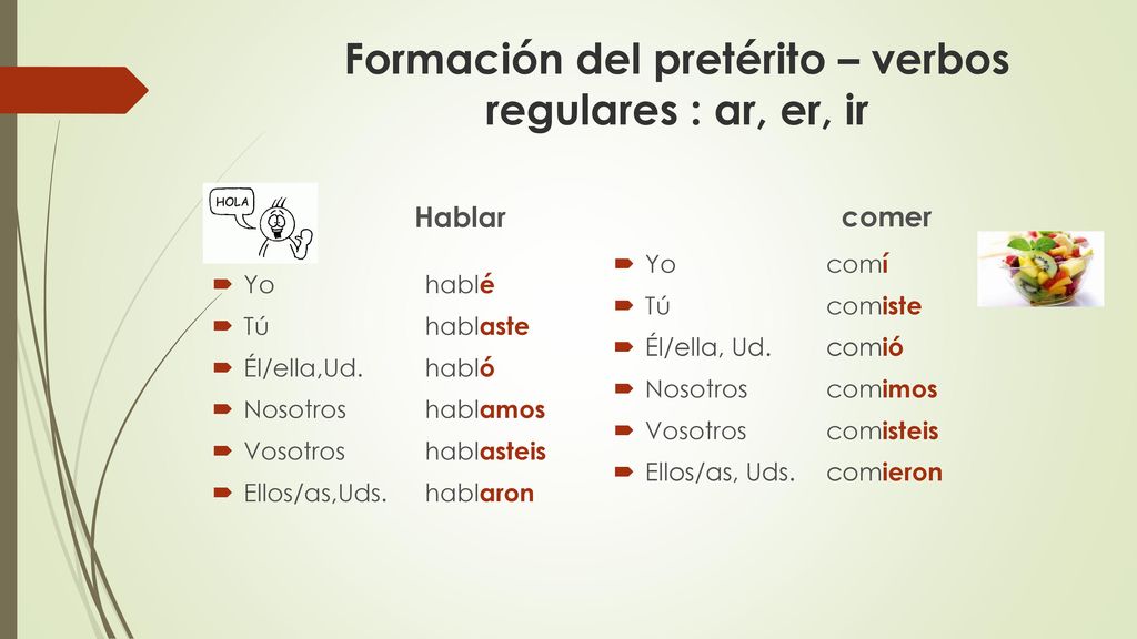 Formación del pretérito – verbos regulares : ar, er, ir