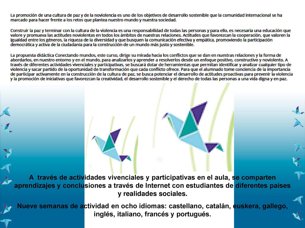 A través de actividades vivenciales y participativas en el aula, se comparten aprendizajes y conclusiones a través de Internet con estudiantes de diferentes países y realidades sociales.