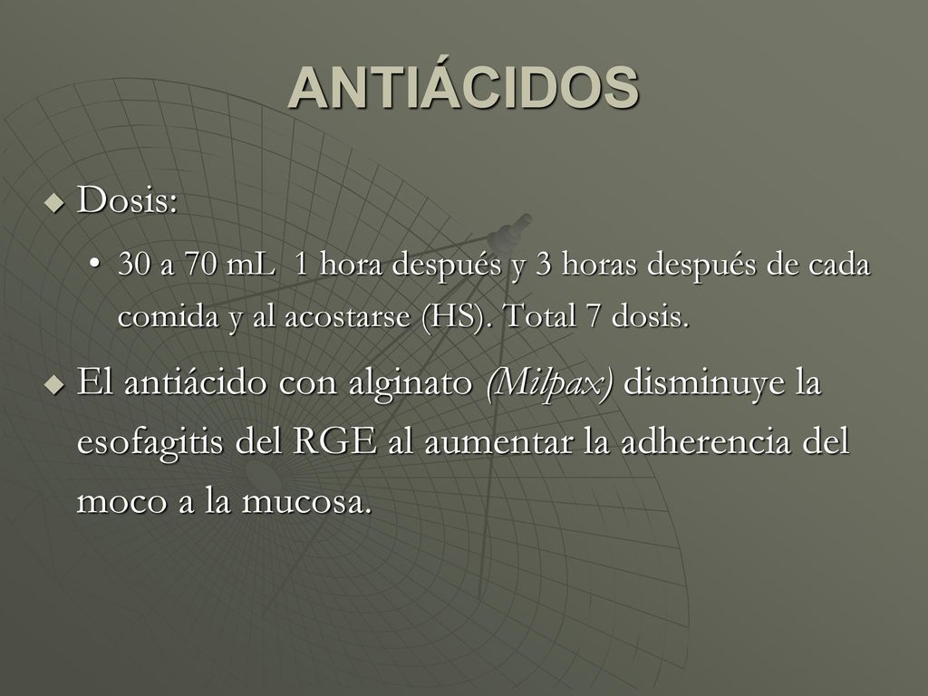 ANTIÁCIDOS Dosis: 30 a 70 mL 1 hora después y 3 horas después de cada comida y al acostarse (HS). Total 7 dosis.