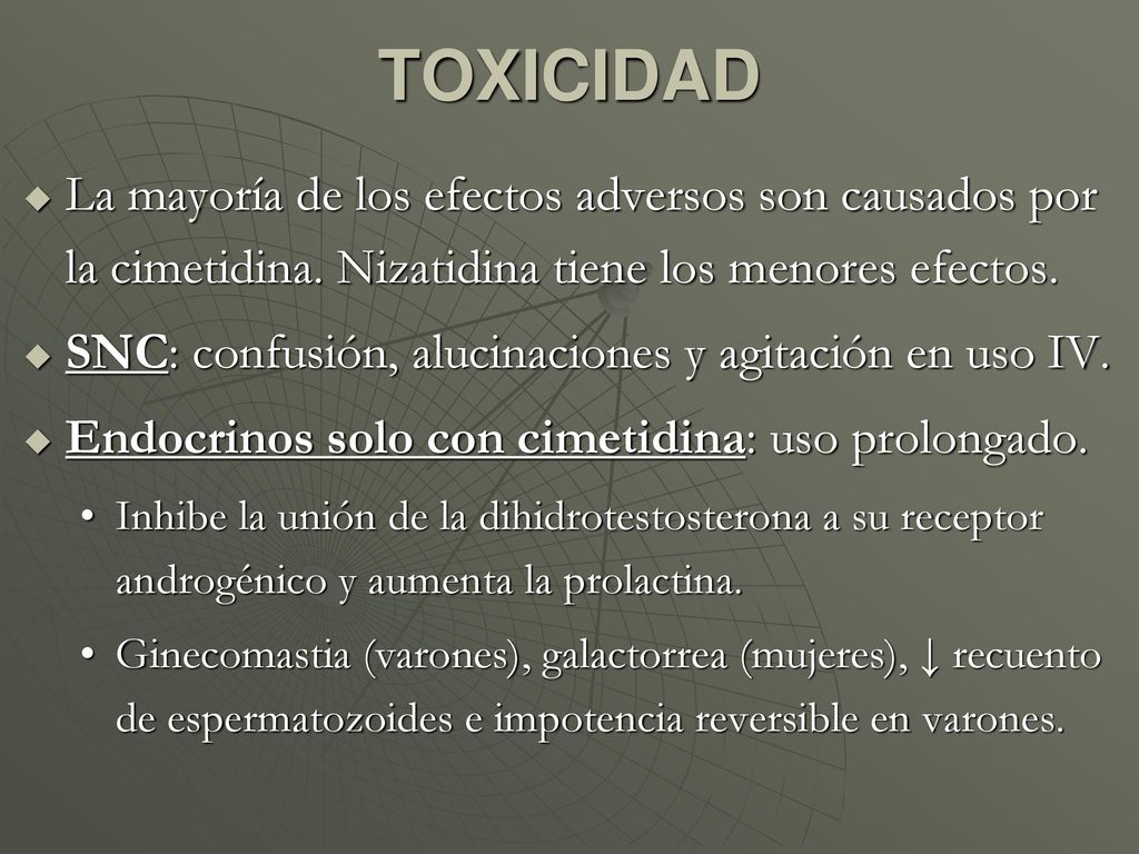 TOXICIDAD La mayoría de los efectos adversos son causados por la cimetidina. Nizatidina tiene los menores efectos.
