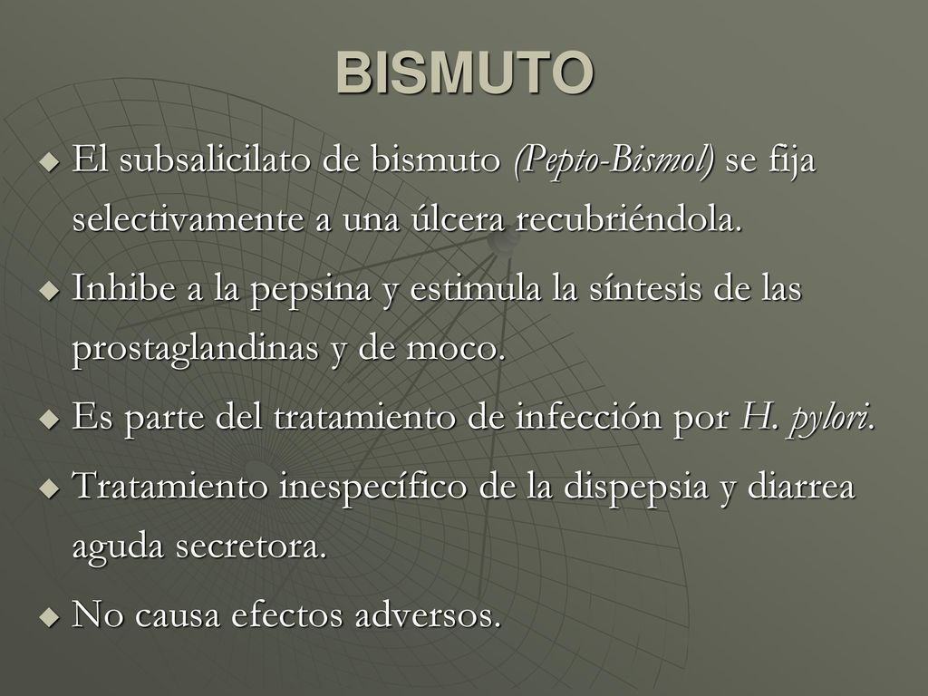 BISMUTO El subsalicilato de bismuto (Pepto-Bismol) se fija selectivamente a una úlcera recubriéndola.
