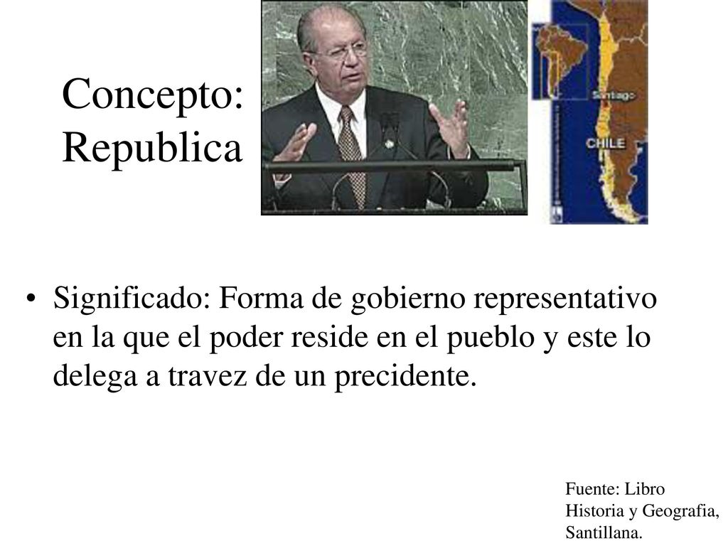 Concepto: Republica Significado: Forma de gobierno representativo en la que el poder reside en el pueblo y este lo delega a travez de un precidente.