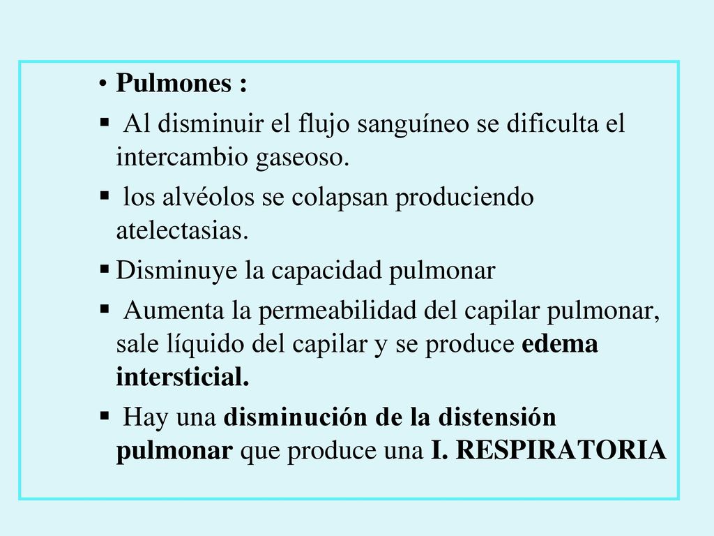 Pulmones : Al disminuir el flujo sanguíneo se dificulta el intercambio gaseoso. los alvéolos se colapsan produciendo atelectasias.