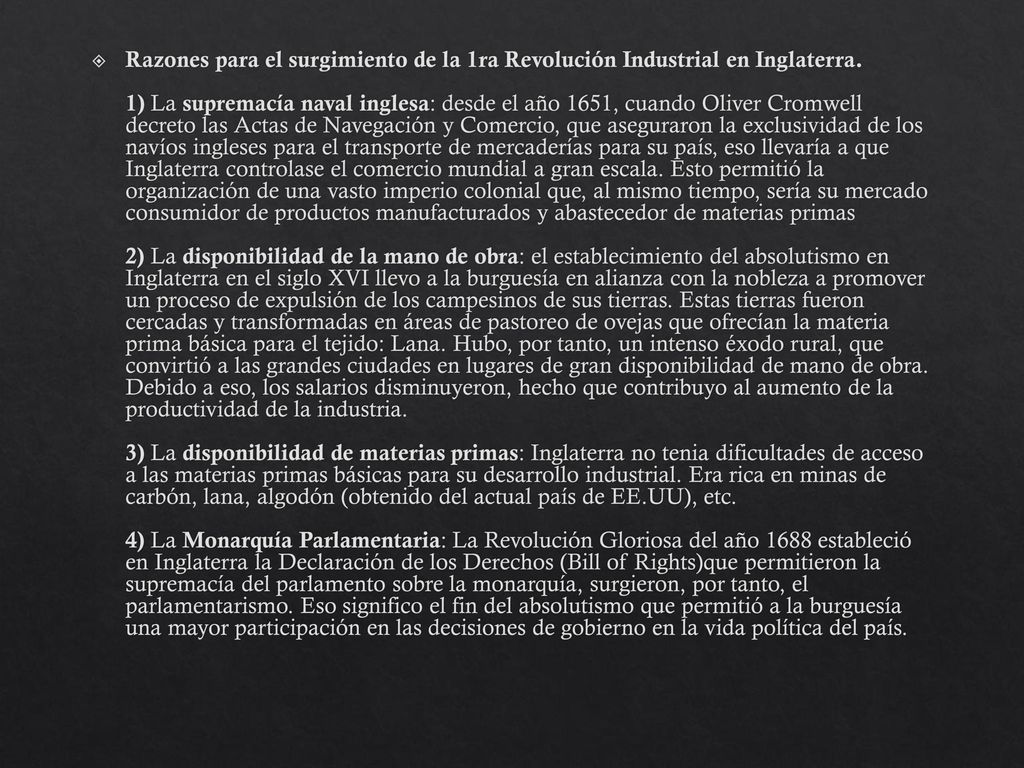 Razones para el surgimiento de la 1ra Revolución Industrial en Inglaterra.