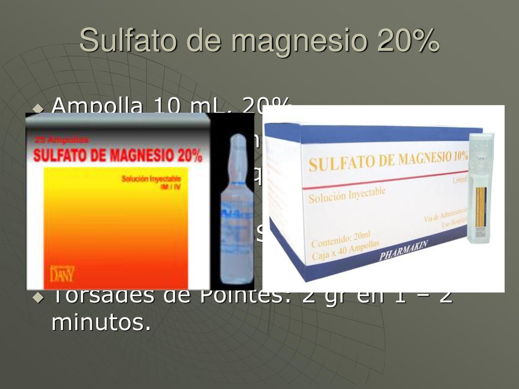 Sulfato de magnesio 20% Ampolla 10 mL, 20% Magnesio: 1,62 mEq/mL
