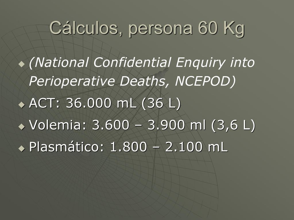 Cálculos, persona 60 Kg (National Confidential Enquiry into Perioperative Deaths, NCEPOD) ACT: mL (36 L)