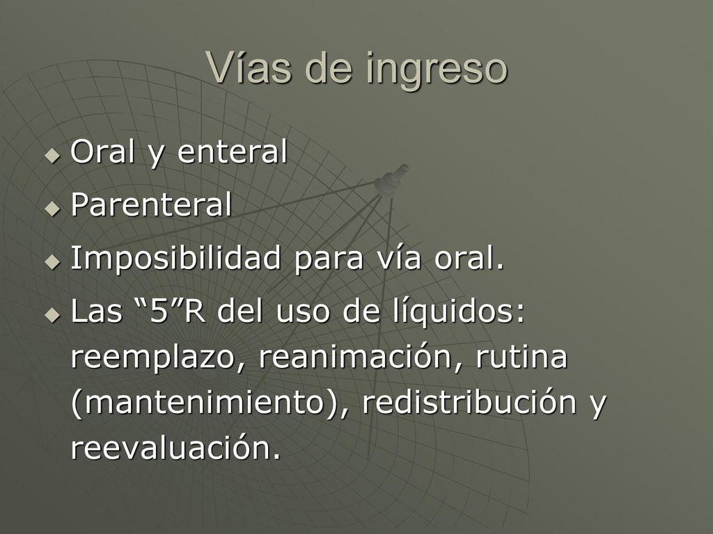 Vías de ingreso Oral y enteral Parenteral Imposibilidad para vía oral.