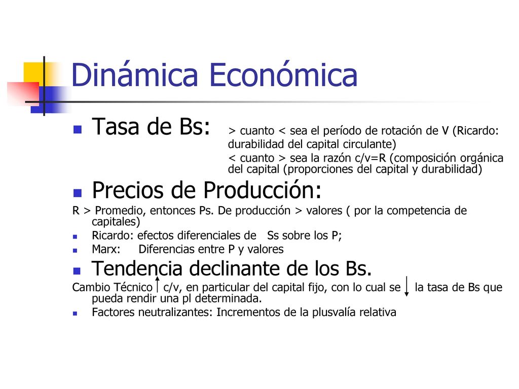 Dinámica Económica Tasa de Bs: > cuanto < sea el período de rotación de V (Ricardo: durabilidad del capital circulante)