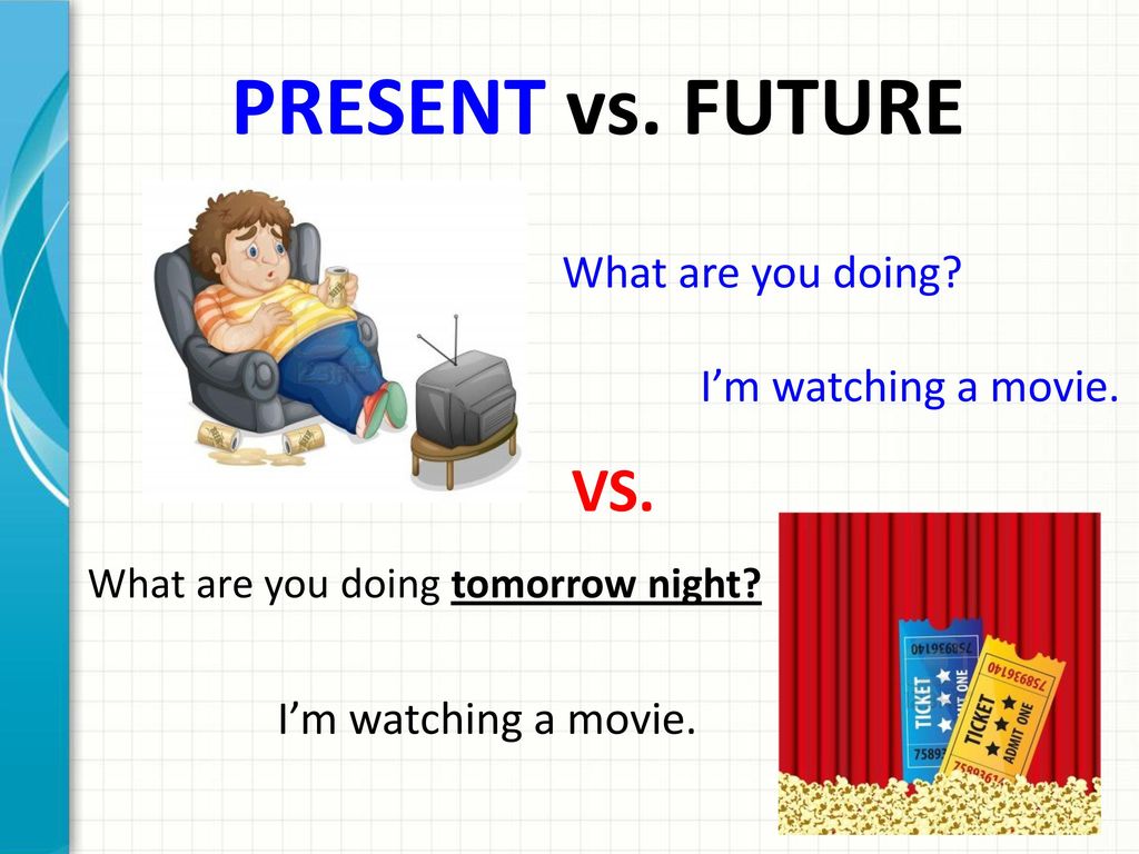 PRESENT vs. FUTURE VS. What are you doing I’m watching a movie.
