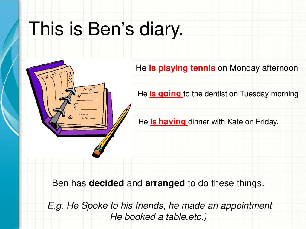 This is Ben’s diary. Ben has decided and arranged to do these things.