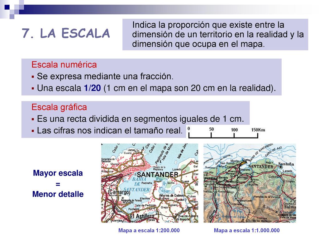 Indica la proporción que existe entre la dimensión de un territorio en la realidad y la dimensión que ocupa en el mapa.