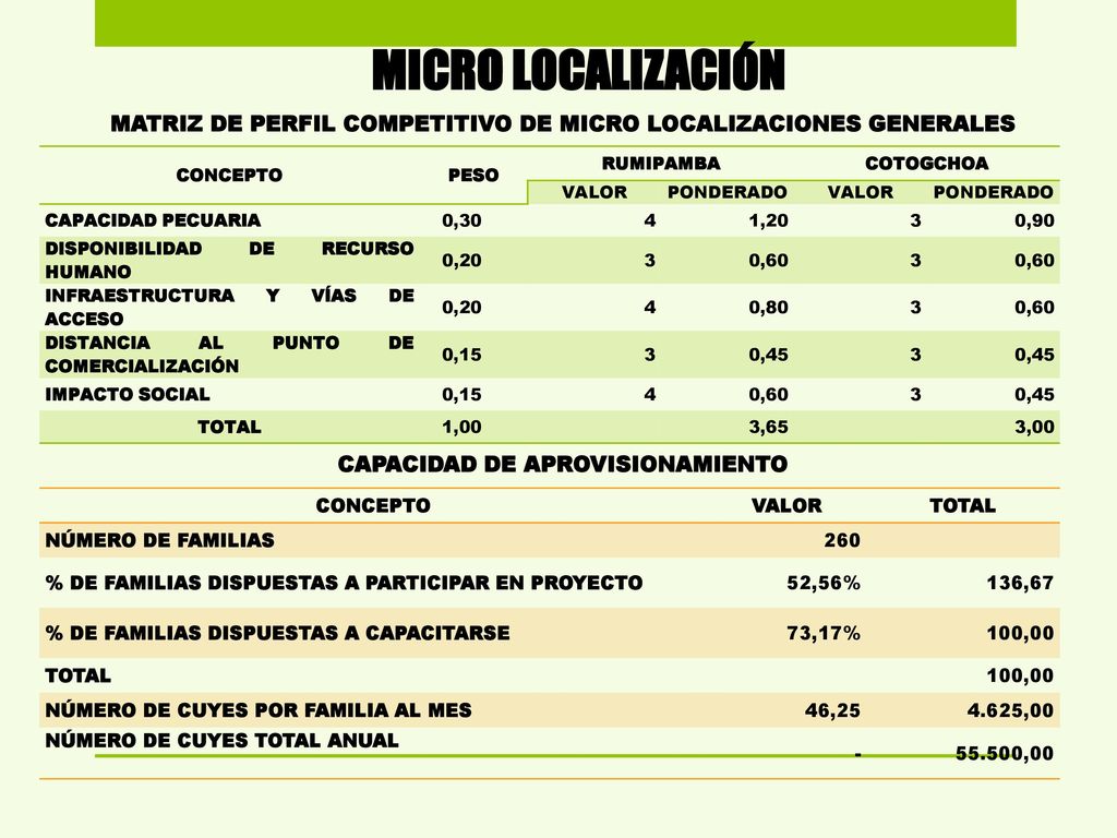 MICRO LOCALIZACIÓN MATRIZ DE PERFIL COMPETITIVO DE MICRO LOCALIZACIONES GENERALES. CONCEPTO. PESO.