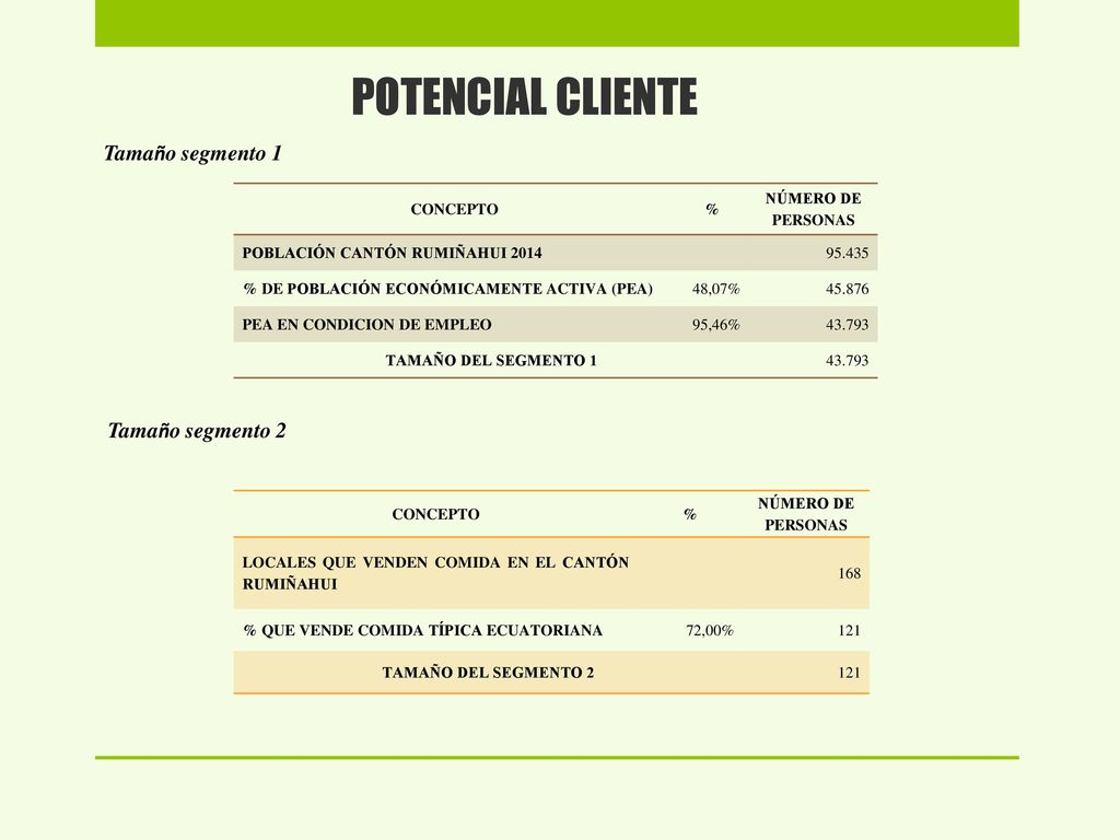 POTENCIAL CLIENTE Tamaño segmento 1 Tamaño segmento 2 CONCEPTO %