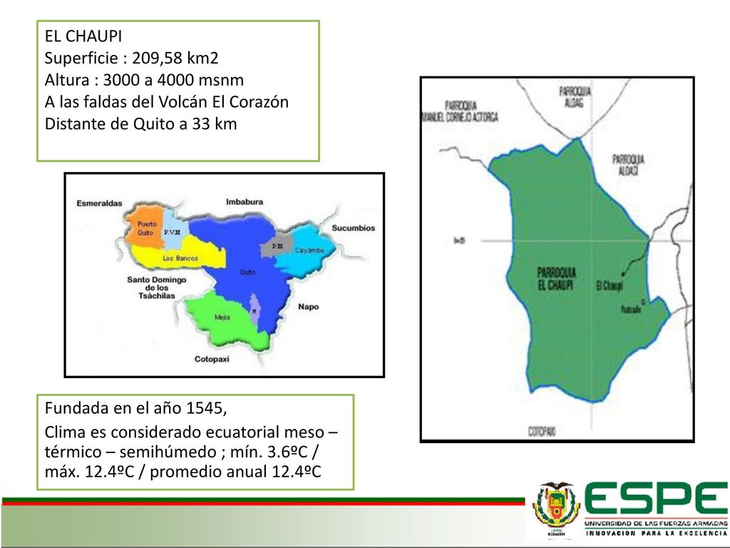 EL CHAUPI Superficie : 209,58 km2. Altura : 3000 a 4000 msnm. A las faldas del Volcán El Corazón Distante de Quito a 33 km.