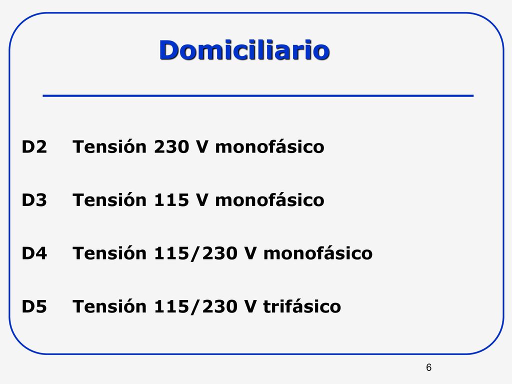 Domiciliario D2 Tensión 230 V monofásico D3 Tensión 115 V monofásico