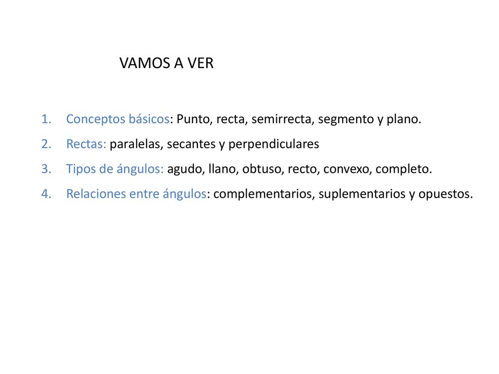 VAMOS A VER Conceptos básicos: Punto, recta, semirrecta, segmento y plano. Rectas: paralelas, secantes y perpendiculares.