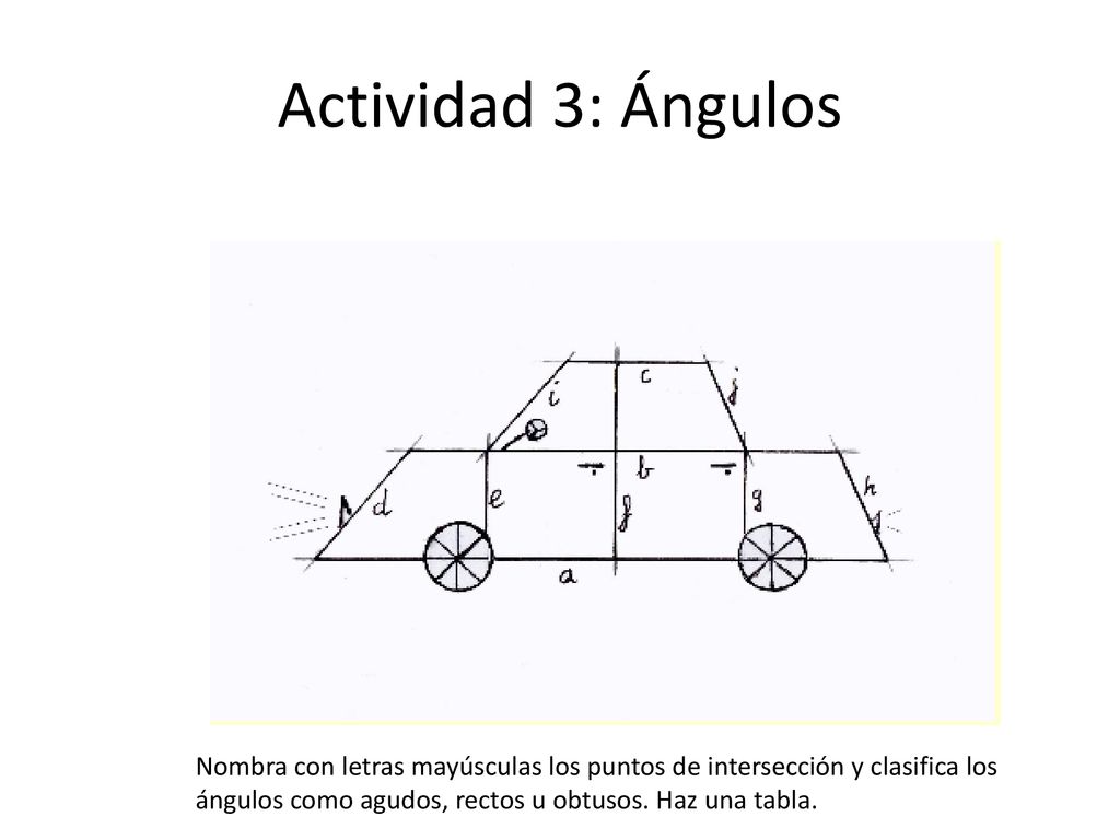 Actividad 3: Ángulos Nombra con letras mayúsculas los puntos de intersección y clasifica los ángulos como agudos, rectos u obtusos.