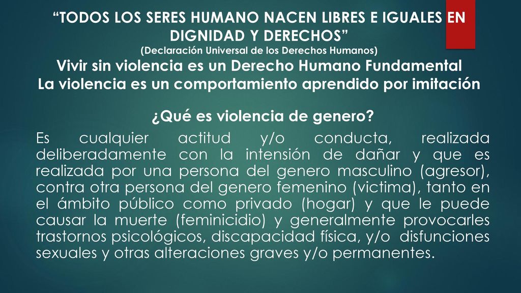 TODOS LOS SERES HUMANO NACEN LIBRES E IGUALES EN DIGNIDAD Y DERECHOS (Declaración Universal de los Derechos Humanos) Vivir sin violencia es un Derecho Humano Fundamental La violencia es un comportamiento aprendido por imitación