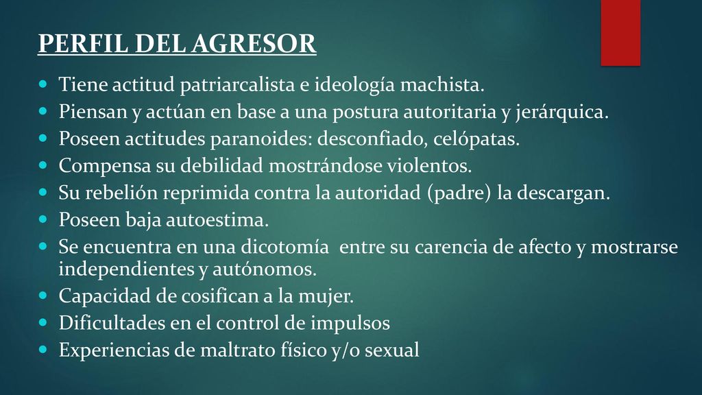 PERFIL DEL AGRESOR Tiene actitud patriarcalista e ideología machista.