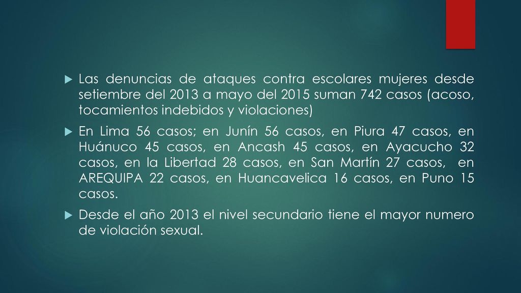 Las denuncias de ataques contra escolares mujeres desde setiembre del 2013 a mayo del 2015 suman 742 casos (acoso, tocamientos indebidos y violaciones)
